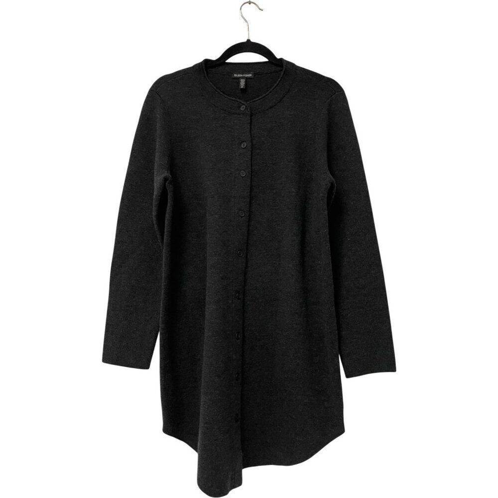 Eileen Fisher Womens Merino Wool Sweater Tunic Small Dark Gray 1/4 Button NWOT